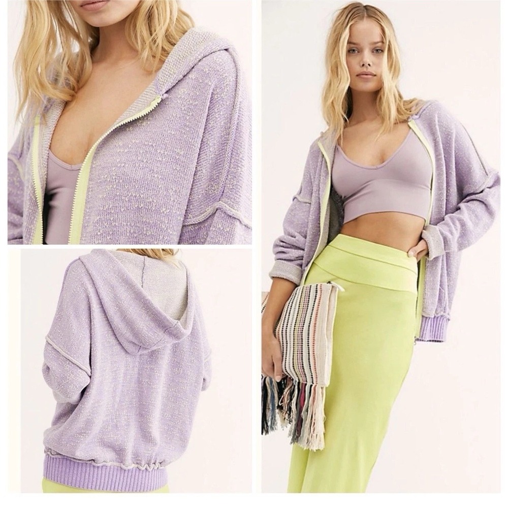 Free People Hoodie Womens L Purple Full Zip Oversized Knit Sweater Slouchy Boho